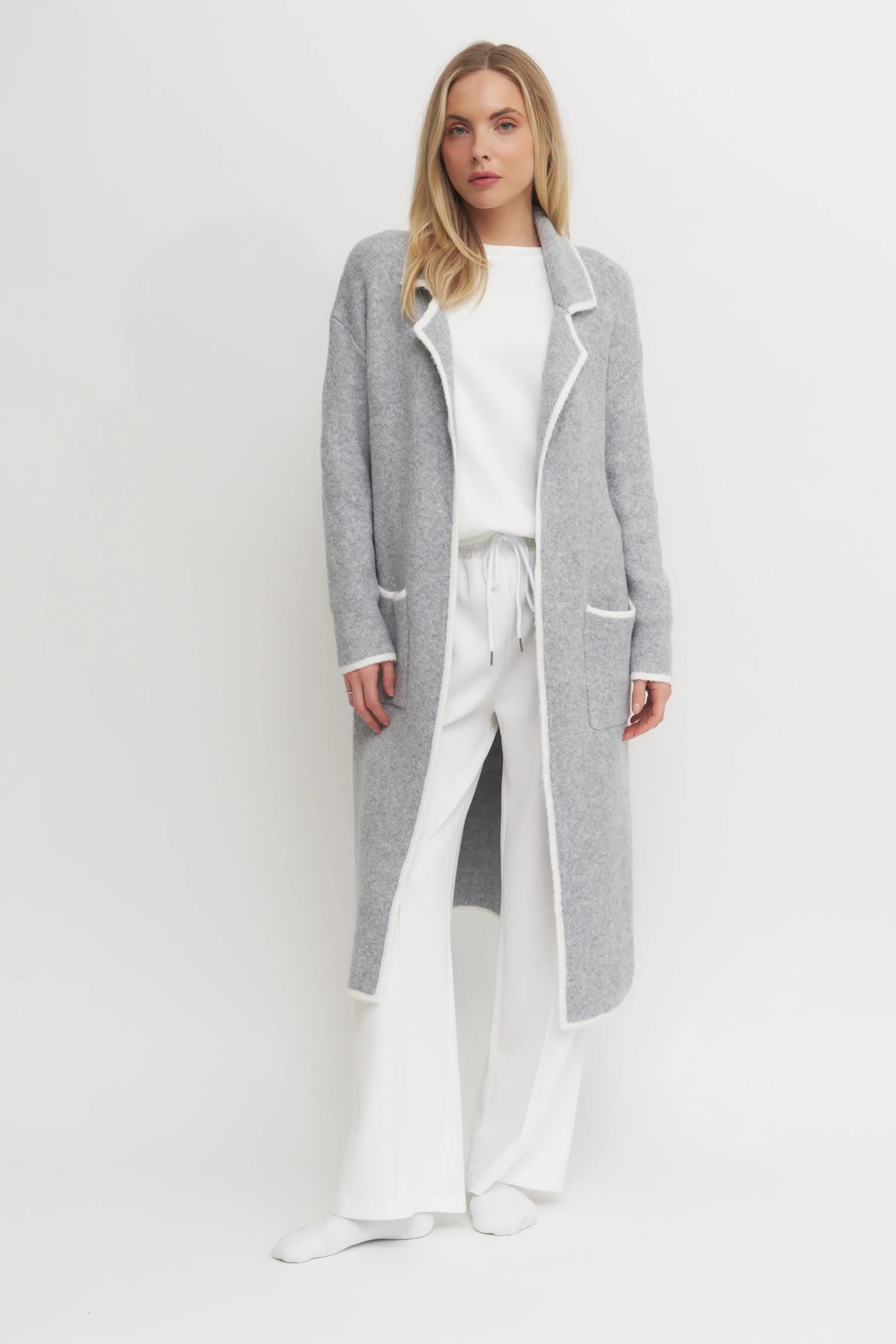 Super Soft Long Grey Cardigan Coat with White Trim – Luxe Lounge Layer