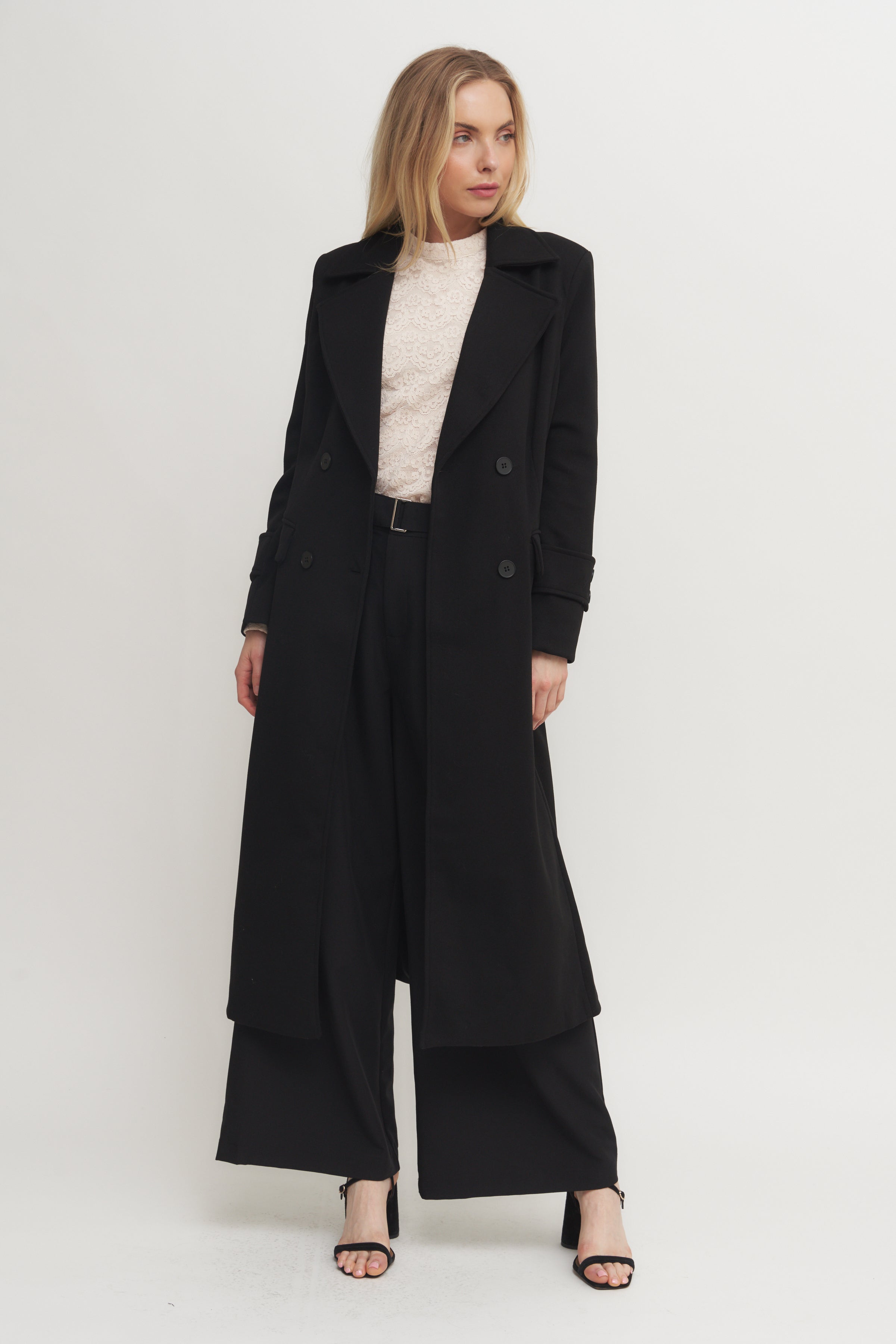 Classic Black Double-Breasted Long Coat (Grand Opening