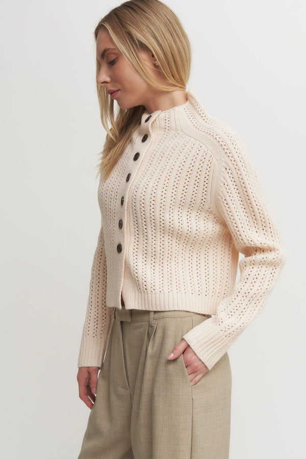 The Bynn Sweater - Women’s Textured Wool Blend Knit Button-Up Cardigan – Cream or Taupe Soft Ribbed Sweater Verdot
