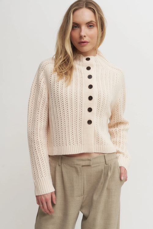 The Bynn Sweater - Women’s Textured Wool Blend Knit Button-Up Cardigan – Cream or Taupe Soft Ribbed Sweater Verdot