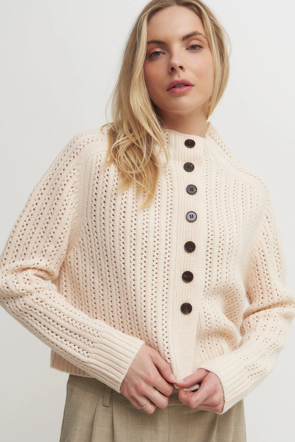 The Bynn Sweater - Women’s Textured Wool Blend Knit Button-Up Cardigan – Cream or Taupe Soft Ribbed Sweater Verdot