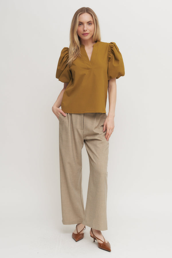 Textured Puff Sleeve V-Neck Blouse – Mustard or Brown Verdot