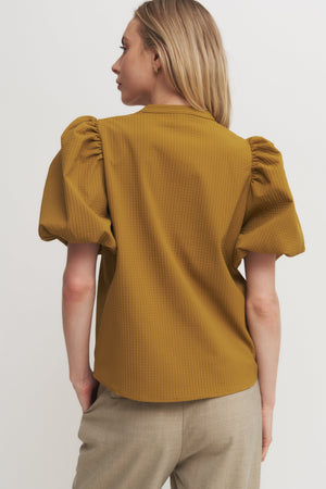 Textured Puff Sleeve V-Neck Blouse – Mustard or Brown Verdot