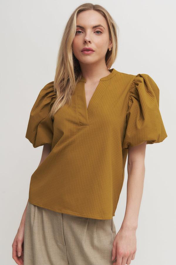 Textured Puff Sleeve V-Neck Blouse – Mustard or Brown Verdot