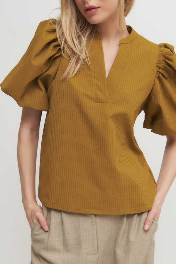 Textured Puff Sleeve V-Neck Blouse – Mustard or Brown Verdot
