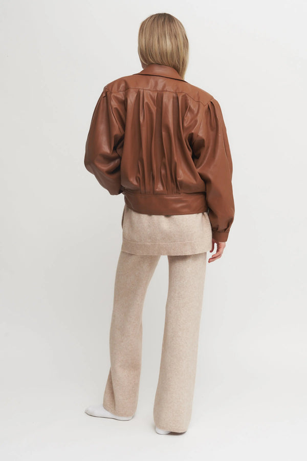 Women’s Cropped Faux Leather Jacket – Brown Puff Sleeve Wrap-Front Statement Outerwear Verdot