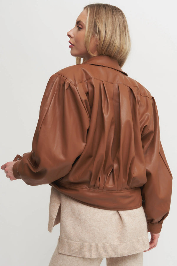 Women’s Cropped Faux Leather Jacket – Brown Puff Sleeve Wrap-Front Statement Outerwear Verdot