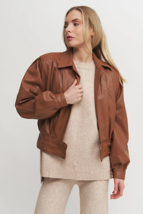 Women’s Cropped Faux Leather Jacket – Brown Puff Sleeve Wrap-Front Statement Outerwear Verdot