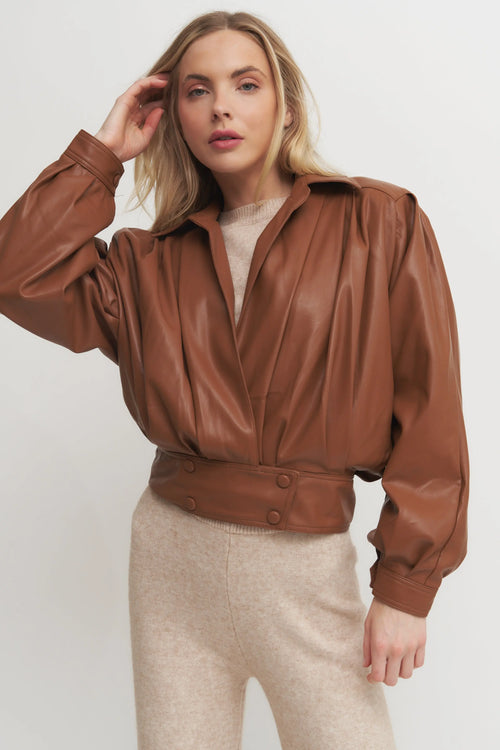 Women’s Cropped Faux Leather Jacket – Brown Puff Sleeve Wrap-Front Statement Outerwear Verdot