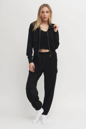 Women’s Black Zip-Up Sweatshirt & Cargo Jogger Set – Super Soft Utility Lounge Set Verdot