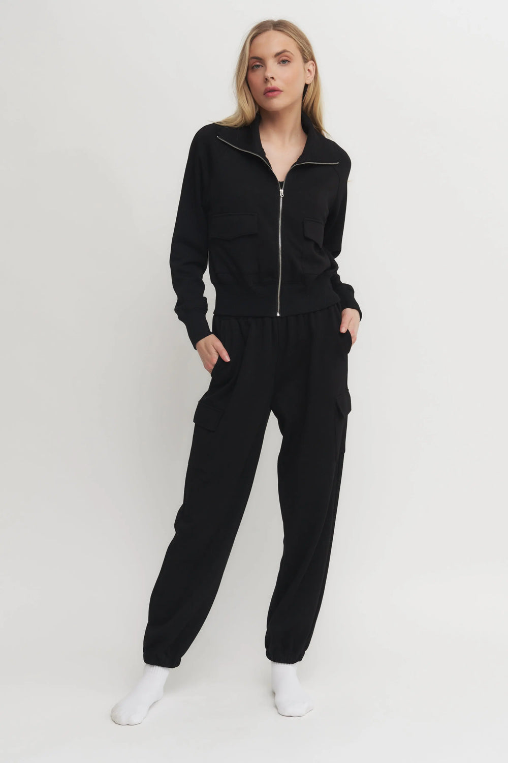 Women’s Black Zip-Up Sweatshirt & Cargo Jogger Set – Super Soft Utility Lounge Set Verdot
