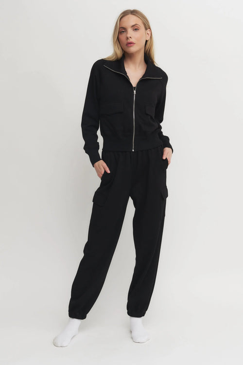 Women’s Black Zip-Up Sweatshirt & Cargo Jogger Set – Super Soft Utility Lounge Set Verdot