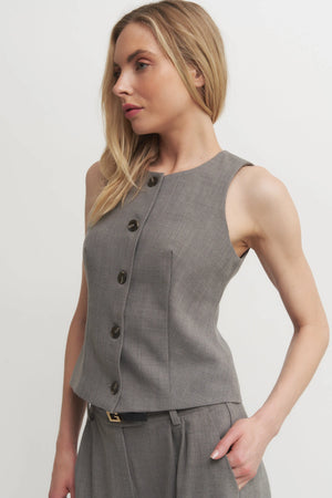 The Andrea Women’s Grey Tailored Sleeveless Button-Down Top – Chic Suiting Vest for Set or Solo Styling Verdot
