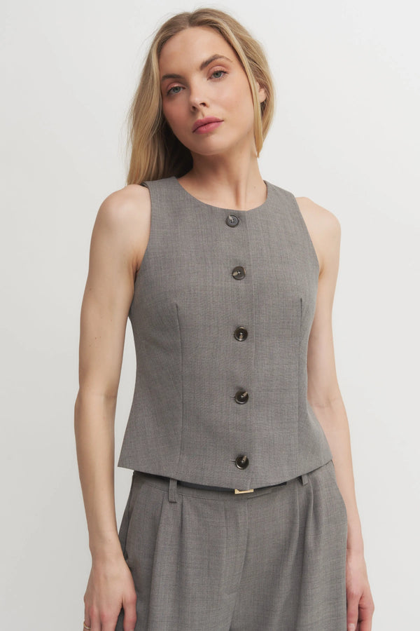 The Andrea Women’s Grey Tailored Sleeveless Button-Down Top – Chic Suiting Vest for Set or Solo Styling Verdot