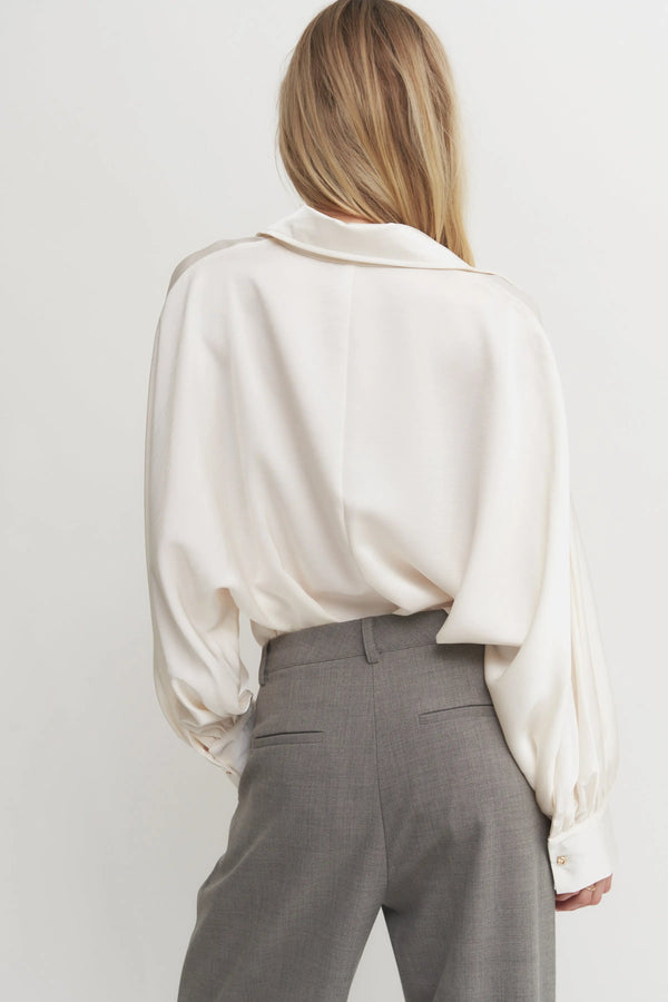 Women’s Silky Button-Down Blouse – Voluminous Sleeve Shirt for Elevated Set Styling Verdot