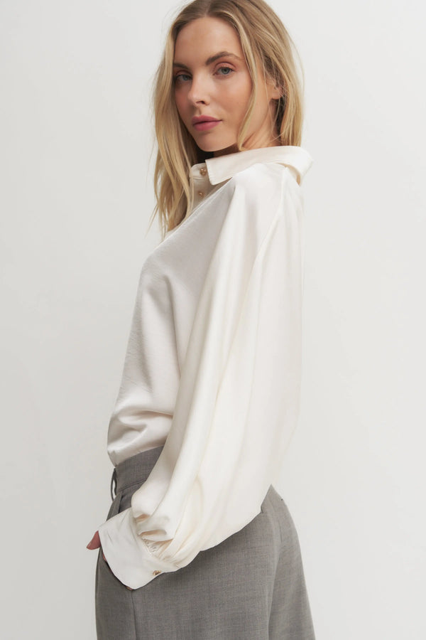 Women’s Silky Button-Down Blouse – Voluminous Sleeve Shirt for Elevated Set Styling Verdot