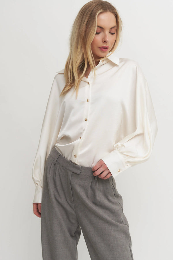 Women’s Silky Button-Down Blouse – Voluminous Sleeve Shirt for Elevated Set Styling Verdot