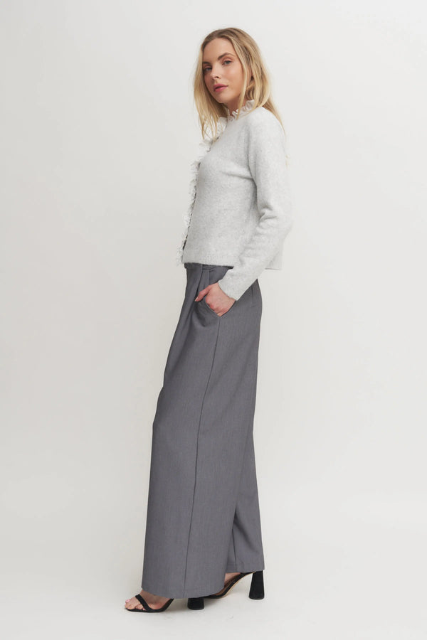 Women’s Soft Grey Knit Cardigan with Ruffle Trim – Feminine Button-Up Wool Blend Sweater Verdot