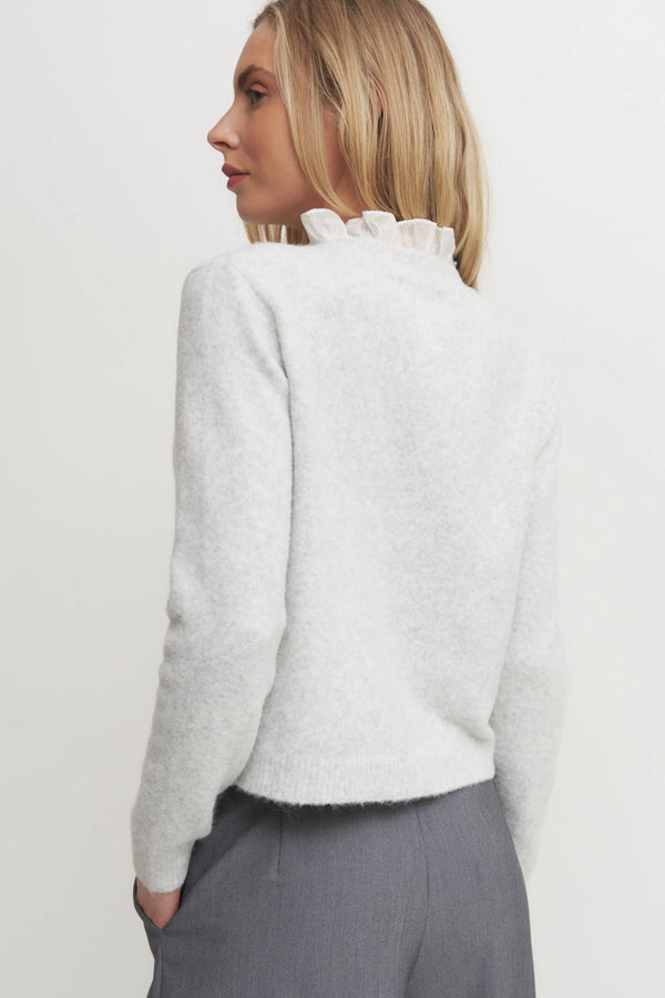Women’s Soft Grey Knit Cardigan with Ruffle Trim – Feminine Button-Up Wool Blend Sweater Verdot