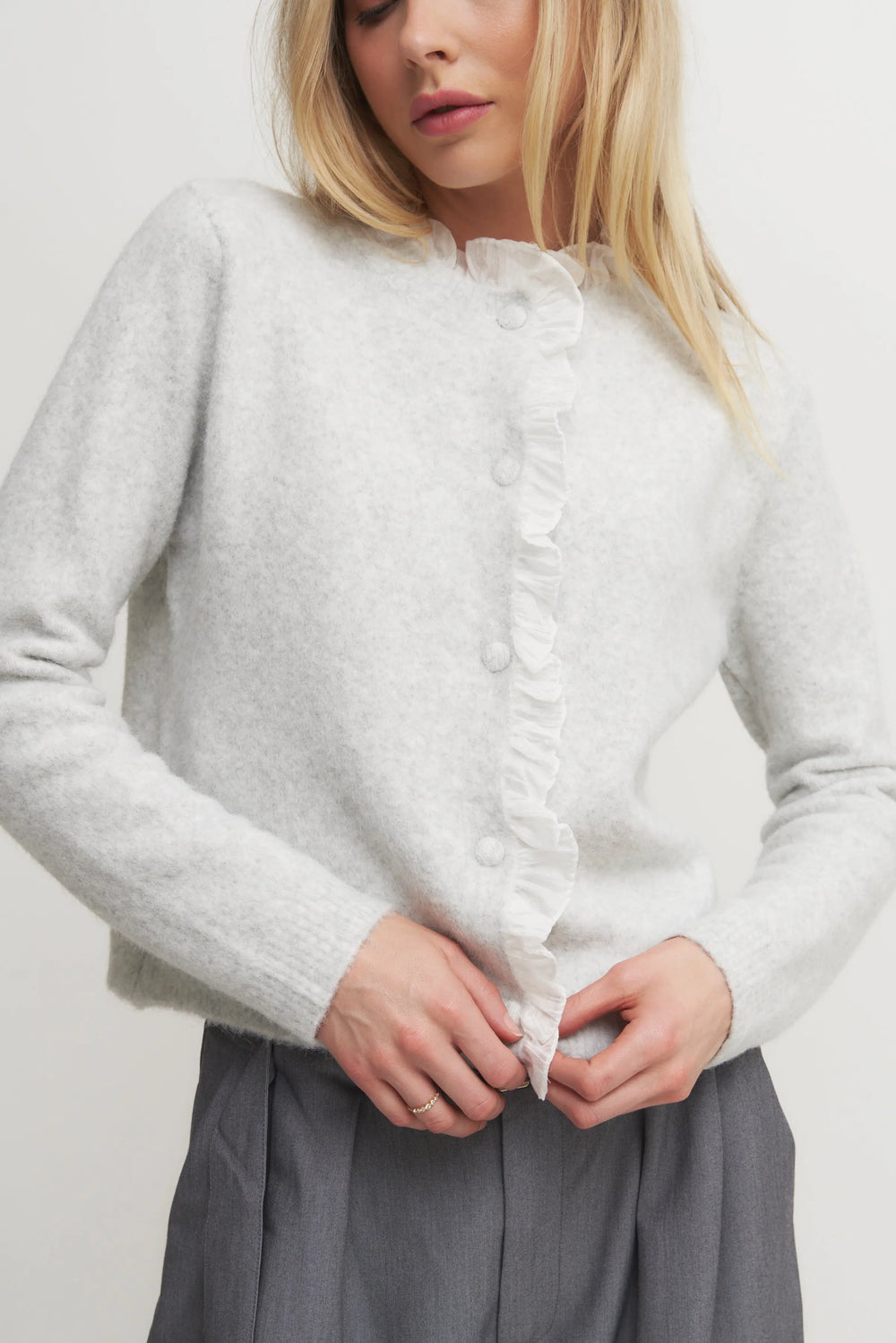 Women’s Soft Grey Knit Cardigan with Ruffle Trim – Feminine Button-Up Wool Blend Sweater Verdot