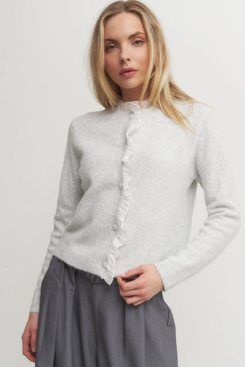Women’s Soft Grey Knit Cardigan with Ruffle Trim – Feminine Button-Up Wool Blend Sweater Verdot