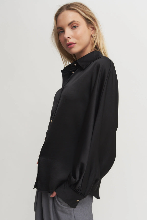 Women’s Silky Button-Down Blouse – Voluminous Sleeve Shirt for Elevated Set Styling Verdot