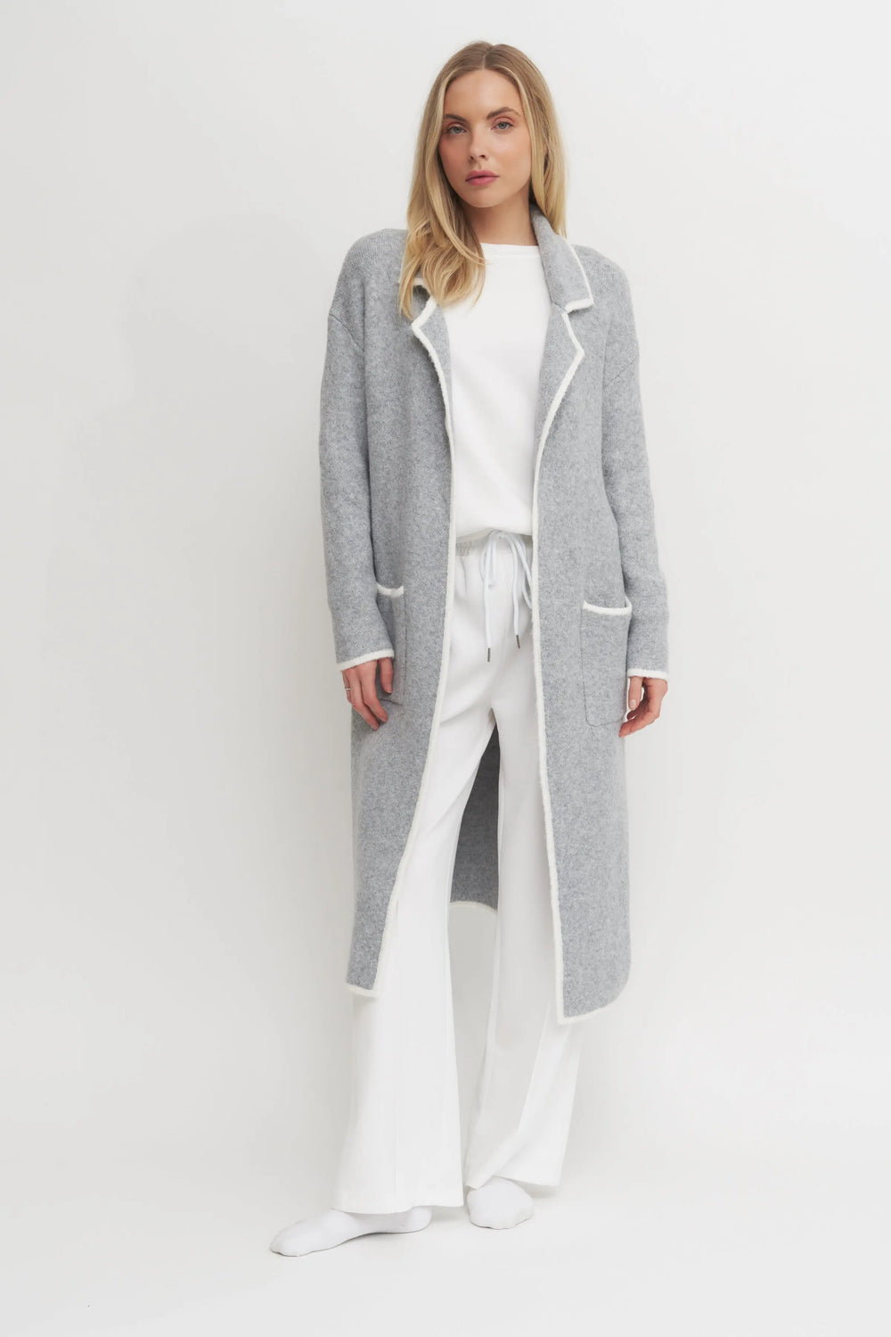 Women's Super Soft Long Grey Cardigan Coat with White Trim – Luxe Lounge Layer Verdot