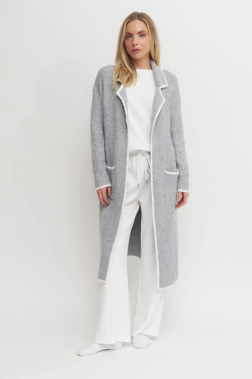 Women's Super Soft Long Grey Cardigan Coat with White Trim – Luxe Lounge Layer Verdot