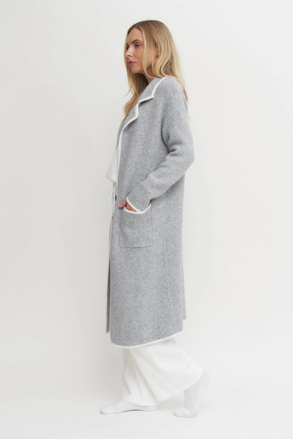 Women's Super Soft Long Grey Cardigan Coat with White Trim – Luxe Lounge Layer Verdot