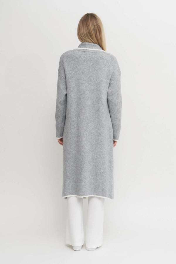 Women's Super Soft Long Grey Cardigan Coat with White Trim – Luxe Lounge Layer Verdot