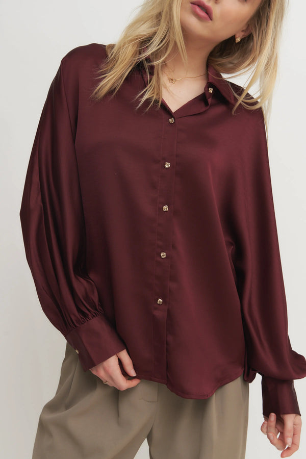 Women’s Silky Button-Down Blouse – Voluminous Sleeve Shirt for Elevated Set Styling Verdot