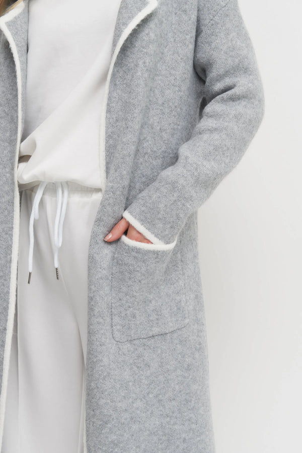 Women's Super Soft Long Grey Cardigan Coat with White Trim – Luxe Lounge Layer Verdot