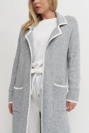 Women's Super Soft Long Grey Cardigan Coat with White Trim – Luxe Lounge Layer Verdot