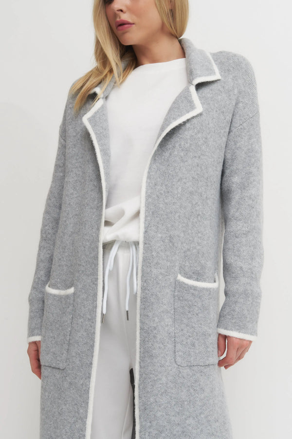 Women's Super Soft Long Grey Cardigan Coat with White Trim – Luxe Lounge Layer Verdot