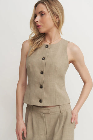 The Andrea Women’s Grey Tailored Sleeveless Button-Down Top – Chic Suiting Vest for Set or Solo Styling Verdot