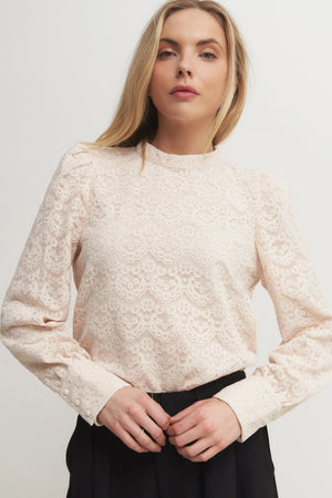 Women's Blush Long Sleeve Lace Blouse – High Neck Romantic Top with Button Cuffs Verdot
