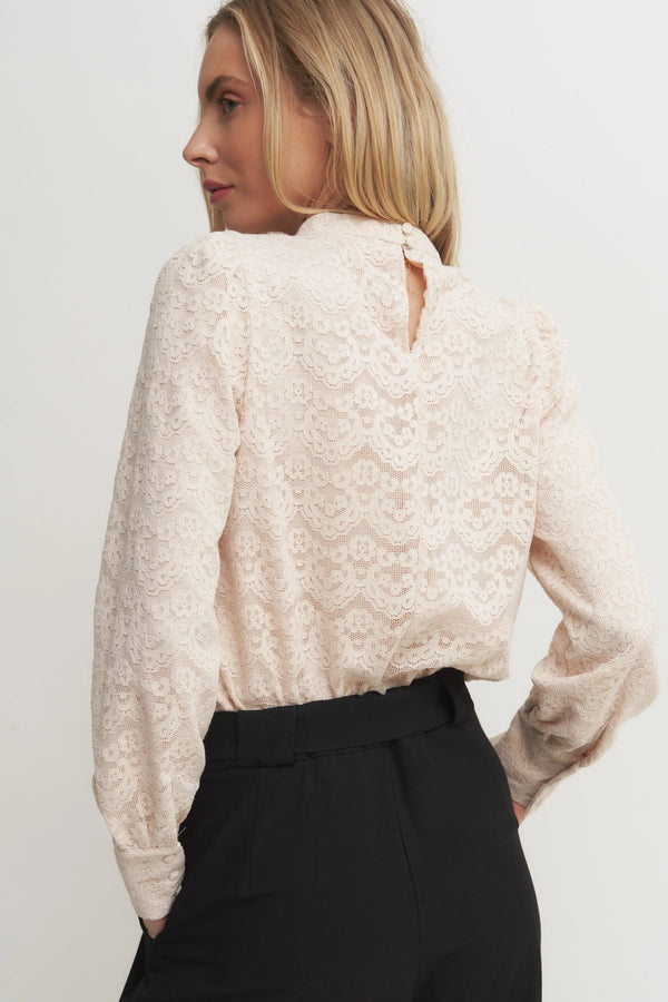 Women's Blush Long Sleeve Lace Blouse – High Neck Romantic Top with Button Cuffs Verdot