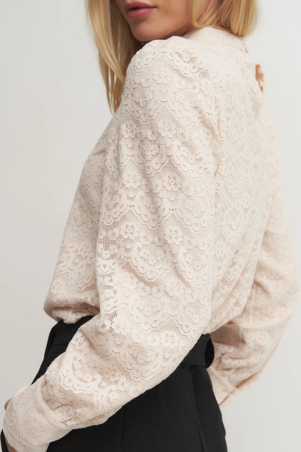Women's Blush Long Sleeve Lace Blouse – High Neck Romantic Top with Button Cuffs Verdot