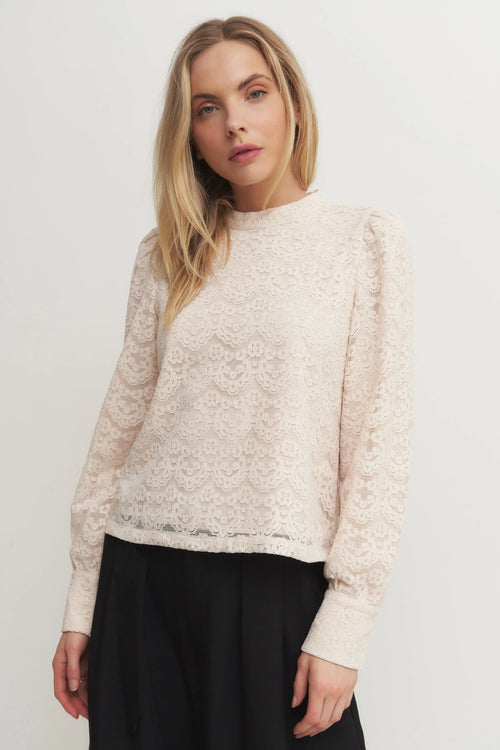 Women's Blush Long Sleeve Lace Blouse – High Neck Romantic Top with Button Cuffs Verdot