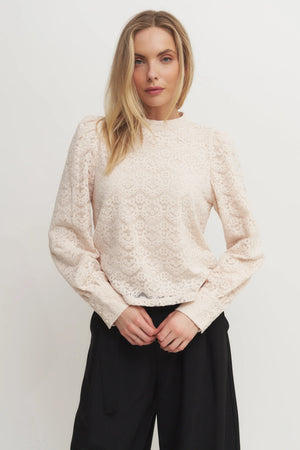 Women's Blush Long Sleeve Lace Blouse – High Neck Romantic Top with Button Cuffs Verdot