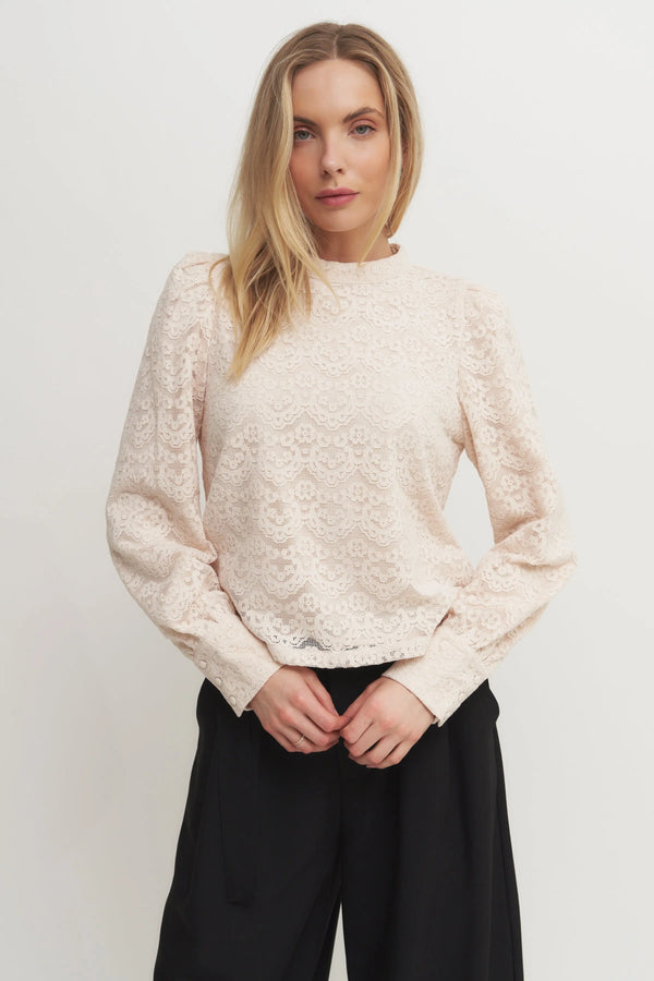 Women's Blush Long Sleeve Lace Blouse – High Neck Romantic Top with Button Cuffs Verdot