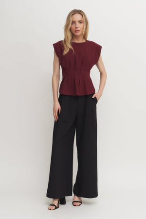 Structured Pleated Cap Sleeve Top Verdot