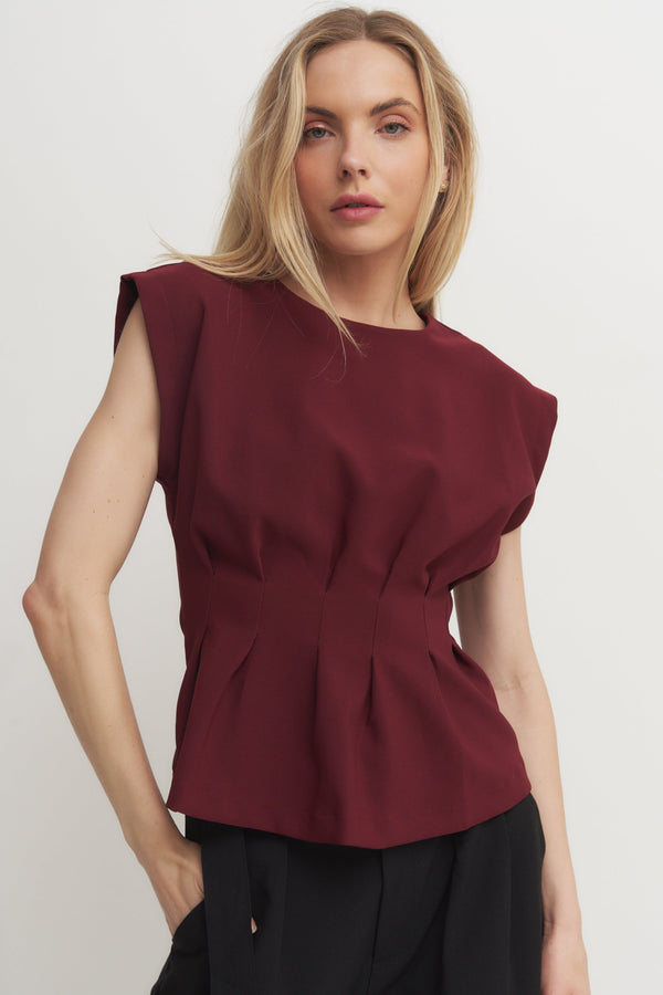 Structured Pleated Cap Sleeve Top Verdot