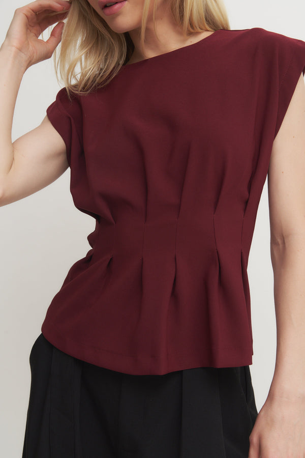 Structured Pleated Cap Sleeve Top Verdot