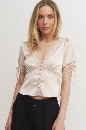Lace-Trimmed Short Sleeve Blouse Verdot