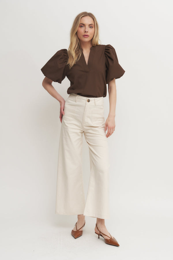 Textured Puff Sleeve V-Neck Blouse – Mustard or Brown Verdot