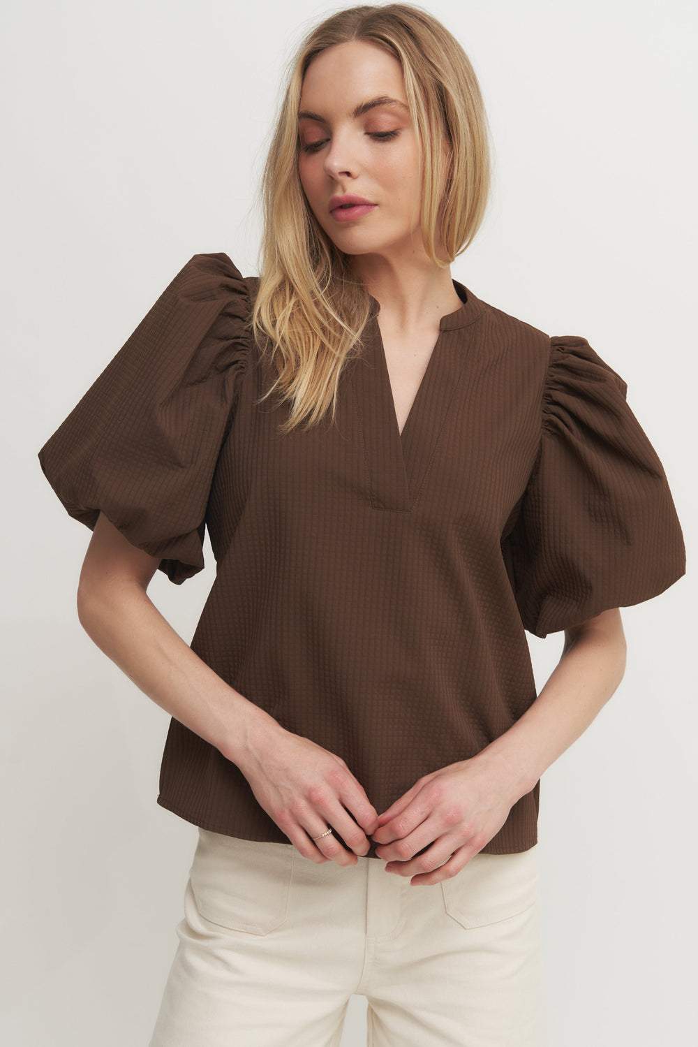 Textured Puff Sleeve V-Neck Blouse – Mustard or Brown Verdot