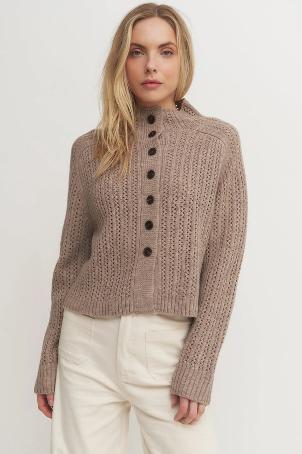 The Bynn Sweater - Women’s Textured Wool Blend Knit Button-Up Cardigan – Cream or Taupe Soft Ribbed Sweater Verdot