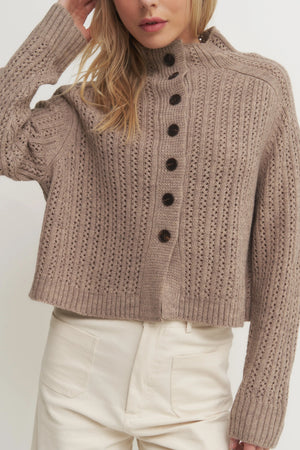 The Bynn Sweater - Women’s Textured Wool Blend Knit Button-Up Cardigan – Cream or Taupe Soft Ribbed Sweater Verdot