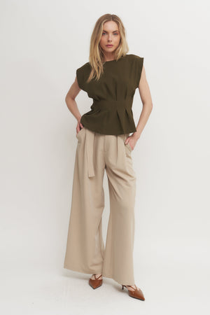 Structured Pleated Cap Sleeve Top Verdot
